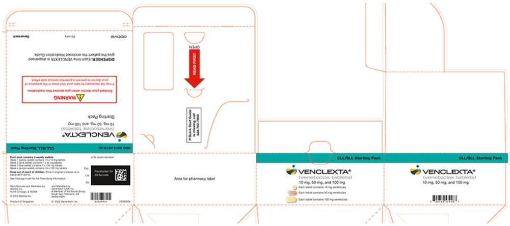 NDC 0074-0579-28 
CLL/SLL 시동팩 
VENCLEXTA® 
(베네토클락스 정제) 
10 mg, 50 mg, 및 100 mg 
시동팩 
! 경고
이 약을 받으시면 의사와 연락하십시오.
잠재적인 심각한 부작용을 예방하기 위해 의사의 입회 하에 첫 번째 복용량을 복용해야 할 수 있습니다. 
조제사: VENCLEXTA를 조제할 때마다 환자에게 동봉된 약물 안내서를 제공하십시오. 
abbvie 
처방전에 의해서만 
Genentech 
