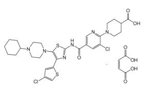 DOPTELET의 구조식은 트롬보포이에틴 수용체 작용제인 아바트롬보파그 말레산염입니다. 아바트롬보파그 말레산염의 화학명은 4-피페리딘카르복실산, 1-[3-클로로-5-[[[4-(4-클로로-2-티에닐)-5-(4-시클로헥실-1-피페라지닐)-2-티아졸릴]아미노]카르보닐]-2-피리디닐]-, (2Z)-2-부텐디오에이트(1:1)입니다. 분자식은 C29H34Cl2N6O3S2 · C4H4O4입니다. 분자량은 765.73입니다.
