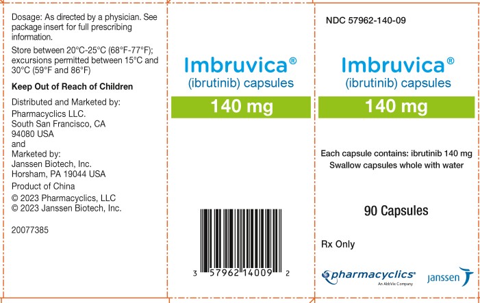 NDC 57962-140-09
Imbruvica®
(ibrutinib) capsules
140 mg
각 캡슐 포함 성분: ibrutinib 140 mg
캡슐을 물과 함께 통째로 삼키십시오
90 캡슐
처방전 의약품
pharmacyclics®
AbbVie 계열사
janssen
