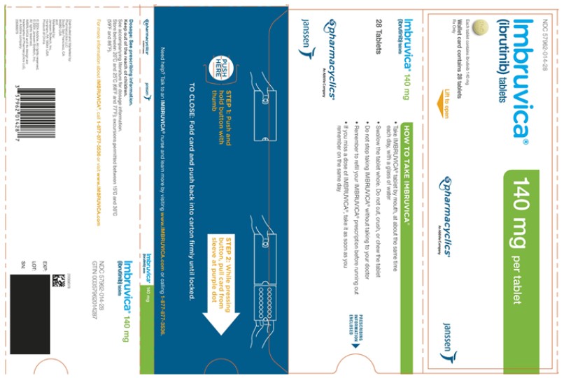 PRINCIPAL DISPLAY PANEL - 28 Tablet Blister Carton
NDC 57962-014-28
Imbruvica®
(ibrutinib) tablets
140 mg per tablet
Each tablet contains ibrutinib 140 mg
Wallet card contains 28 tablets
Rx Only
pharmacyclics®
An AbbVie Company
janssen
