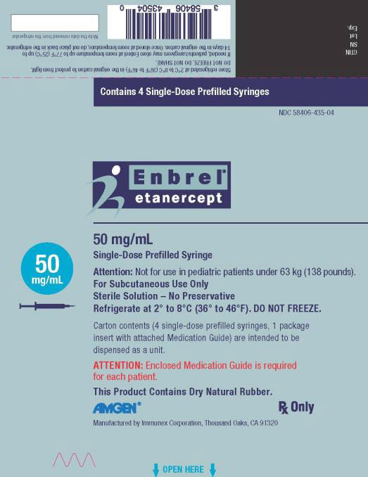 주요 표시 패널 1회용 미리 채워진 주사기 4개 포함 NDC 58406-455-04 Enbrel® etanercept 25 mg/0.5 mL 1회용 미리 채워진 주사기 25 mg/0.5 mL 주의: 31kg(68파운드) 미만의 소아 환자에게는 사용하지 마십시오. 피하 주사 전용 멸균 용액 – 방부제 없음 2° ~ 8°C(36° ~ 46°F)에서 냉장 보관하십시오. 냉동하지 마십시오. 상자 내용물(1회용 미리 채워진 주사기 4개, 부착된 약물 안내서가 있는 포장 삽입물 1개)은 단위로 분배하도록 의도되었습니다. 주의: 동봉된 약물 안내서는 각 환자에게 필요합니다. 이 제품에는 건조 천연 고무가 포함되어 있습니다. AMGEN® 처방전 의약품 Immunex Corporation, Thousand Oaks, CA 91320에서 제조