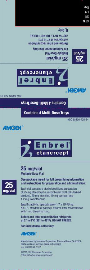 주요 표시 패널 4개의 다회용 트레이 포함 NDC 58406-425-34 AMGEN® Enbrel® etanercept 25 mg/바이알 다회용 바이알 전체 처방 정보 및 준비 및 투여 지침은 포장 삽입 쪽지를 참조하십시오. 25 mg/바이알 각 바이알은 25 mg 에타너셉트(재조합 CHO 세포 유래 제품), 40 mg 만니톨, 10 mg 수크로스 및 1.2 mg 트로메타민의 무균 동결 건조 제제를 포함합니다. 특정 활성: 약 1.7 x 106 U/mg. 미국 표준 역가 없음. 1 mL 희석제로 재구성한 후 부피는 1 mL입니다. 재구성 전후 2° ~ 8°C(36° ~ 46°F)에서 냉장 보관하십시오. 냉동하지 마십시오. 피하 투여 전용 AMGEN® Immunex Corporation, Thousand Oaks, CA 91320에서 제조 희석제 주사기 포함(독일산) 미국 허가 번호 1132 ©2013, 2016 Immunex Corporation 특허: http://pat.amgen.com/enbrel/