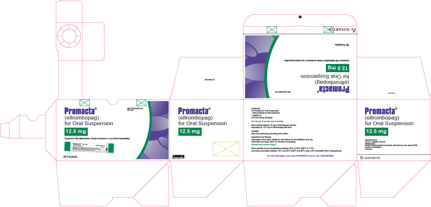NDC 0078-0972-61
								처방전 의약품
								Promacta®
								(엘트롬보파그)
								경구용 현탁액
								12.5 mg
								약물 안내서를 함께 제공하거나 별도로 제공하십시오.
								30 포
								NOVARTIS
							