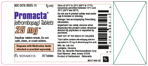 NDC 0078-0685-15
								처방전에 의해서만 구입 가능
								Promacta®
								(eltrombopag) 정제
								25 mg*
								정제를 통째로 삼켜야 합니다. 정제를 쪼개거나, 씹거나, 부수지 마십시오.
								약물 안내서를 함께 제공하거나 별도로 제공하십시오.
								NOVARTIS
								30 정
							