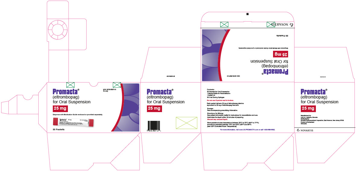 NDC 0078-0697-61
								처방전 의약품
								Promacta®
								(엘트롬보파그)
								경구용 현탁액
								25 mg
								약물 안내서를 함께 제공하거나 별도로 제공하십시오.
								30 포
								NOVARTIS
							