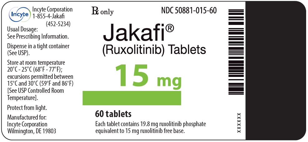 Jakafi (루톨리티닙) 15mg 정제 - 60 정제 병 라벨