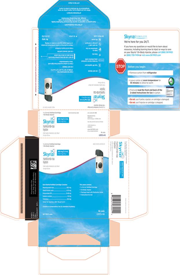 NDC 0074-1070-01 
1 x 2.4 mL Prefilled Cartridge
Skyrizi®
risankizumab-rzaa Injection 
(360 mg/2.4 mL)
150 mg/mL
FOR SUBCUTANEOUS USE ONLY 
Single Dose
SKYRIZI.com
Rx only
abbvie

