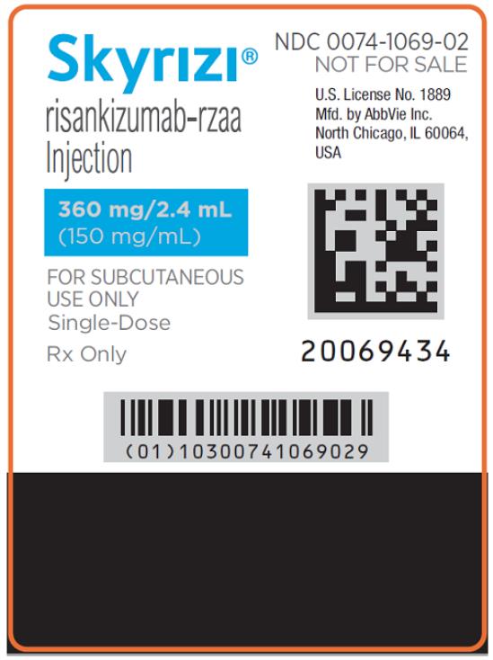 NDC 0074-1069-02
판매용 아님
Skyrizi®
Risankizumab-rzaa
주사제
360 mg/2.4 mL
(150 mg/mL)
피하 주사 전용
1회용
처방전 의약품
