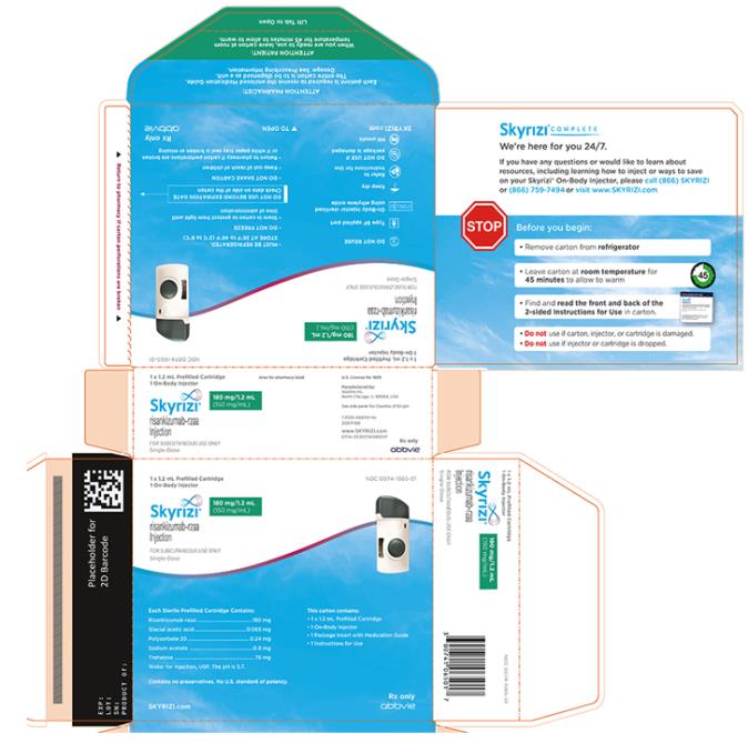 NDC 0074-1065-01 
1 x 1.2 mL 사전 충전 카트리지
1 체내 주사기
Skyrizi®
risankizumab-rzaa 주사제 
(180 mg/1.2 mL)
150 mg/mL
피하 주사 전용 
단회 용량
SKYRIZI.com
처방전에 의해서만 구입 가능
abbvie

