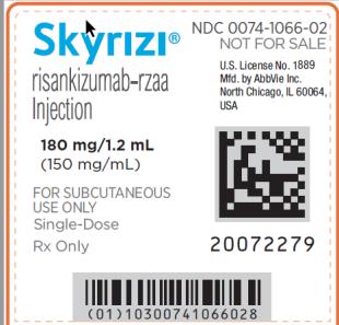 NDC 0074-1066-02
판매용 아님
Skyrizi®
Risankizumab-rzaa
주사제
180 mg/1.2 mL
(150 mg/mL)
피하 주사 전용
단회용
처방전 의약품
