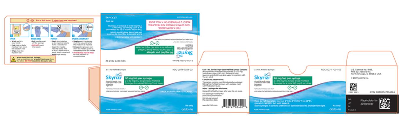 NDC 0074-7034-02
2 x 1 mL 사전 충전 주사기
Skyrizi®
risankizumab-rzaa 주사제 
주사기당 90 mg/mL
2 x 90 mg/mL. 단회용 사전 충전
총 180 mg/2 mL 용량의 주사기
피하 주사 전용
의료 전문가 투여 전용
www. SKYRIZI.com
처방전에 의해서만 구입 가능
abbvie

