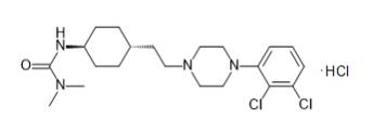 VRAYLAR는 카리프라진 HCl, 비정형 항정신병 약물의 화학적 구조입니다. 화학적 명칭은 트랜스-N-{4-[2-[4-(2,3-디클로로페닐)피페라진-1-일]에틸]시클로헥실}-N’,N’-디메틸우레아 염산염이며, 그 경험식은 C21H33Cl3N4O이며 분자량은 463.9 g/mol입니다. 