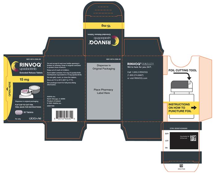 NDC 0074-2306-30 
RINVOQ™
우파다시티닙 
연장 방출용 정제 15mg
원래 포장으로 조제 
캡을 뒤집어 포일을 자르세요 
뒤집어서 설명을 읽어보세요 
30정제 
의사 처방전만 유효 
abbvie 
